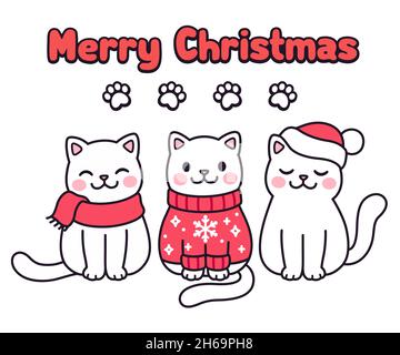 Cute cartoon cats in Christmas sweater, scarf and hat with text Merry Christmas. Kawaii greeting card. Vector clip art illustration. Stock Vector