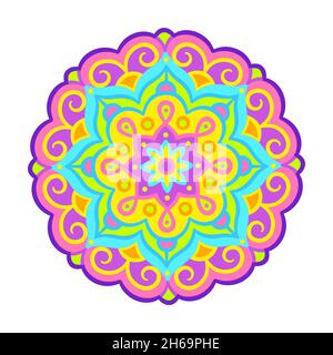 Bright neon mandala ornament illustration. Colorful abstract decoration, vector clip art. Stock Vector