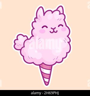 Cute cartoon cotton candy llama doodle. Kawaii alpaca vector clip art illustration. Stock Vector