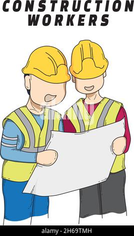 The construction workers are discussing the project design. They use the safety vest and helmet on the project site. Stock Vector