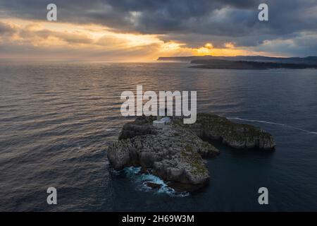 Aerial view of Mouro lighthouse at sunrise, Cabo Mayor, Santander, Cantabria, Spain, Western europe Stock Photo