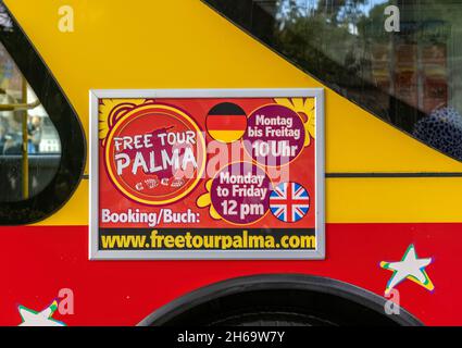 Palma City Sightseeing tourist bus, close up advertising Palma de Mallorca, Spain Stock Photo