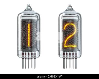 Nixie tube indicator isolated on white. Number 1 one and 2 two. 3d illustration Stock Photo