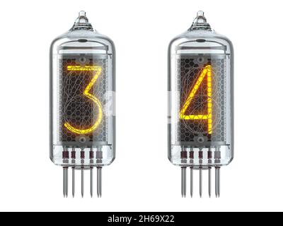 Nixie tube indicator isolated on white. Number 3 three and 4 four. 3d illustration Stock Photo