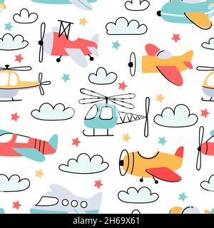Seamless pattern for boy with cartoon kids airplane and helicopter. Nursery wallpaper with fly planes and clouds. Air transport vector print Stock Vector