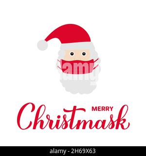 Merry Christmask lettering with cute masked Santa. Quarantine Christmas quote. Winter holidays in covid pandemic. Vector template for typography poste Stock Vector