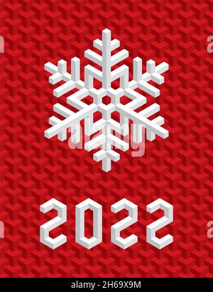 Christmas Card with White Isometric 3D Snowflake on Christmas Red Background. Editable Vector EPS10 Illustration for New Year Decoration 2022. Stock Vector