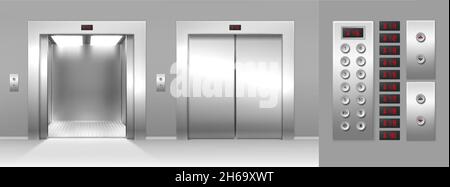 Realistic open and close elevator, buttons and floor number display. 3d lift metal gates and inside panel. Cargo elevators cabin vector set Stock Vector