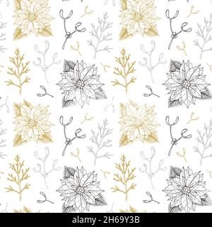 Hand drawn Christmas and New Year pattern with golden poinsettia and mistletoe. Vector illustration in sketch style Stock Vector