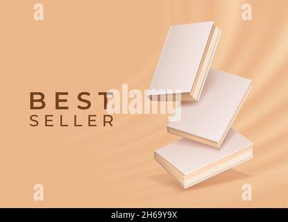 Bookstore or library poster with realistic floating blank book mockups. Closed books with empty cover. Reading and education vector concept Stock Vector