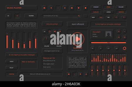 Neumorphism buttons, playlist menu, icons and volume sliders for music app. Audio player user interface elements in black design vector set Stock Vector