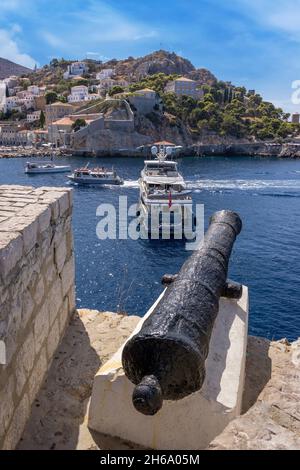 Hydra, or Ydra or Idra, is one of the Saronic Islands of Greece, located in the Aegean Sea. Stock Photo