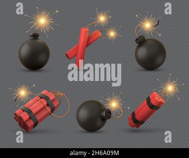 Realistic 3d bomb, tnt and dynamite sticks with burning fuse. Explosive military weapon or firecrackers with wick. Black bombs vector set Stock Vector