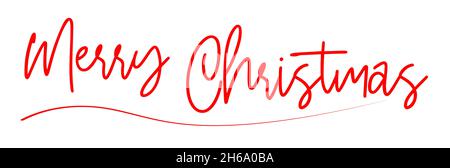 Merry Christmas hand drawn lettering calligraphy isolated on white background with red swirl. Holiday Vector illustration element. Merry Christmas scr Stock Vector
