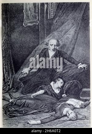 Dessin de Tony Johannot.Ces deux victimes l'épouvantaient,il sentait monter en lui l'horreur de cette solitude peuplée de deux cadavres.1846. Stock Photo