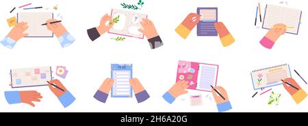 Flat hands write in notebook, decorate diary or journal. Organize office document or personal planner. To do list or plan notepad vector set Stock Vector