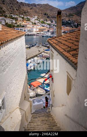 Hydra, or Ydra or Idra, is one of the Saronic Islands of Greece, located in the Aegean Sea. Stock Photo