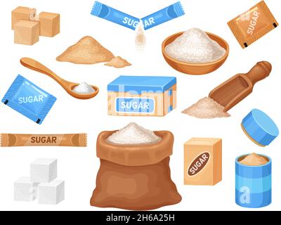 Cartoon white and brown sugar in cubes, bag, bowl and spoon. Salt and sweet cooking ingredient in packages. Granulated cane sugar vector set Stock Vector