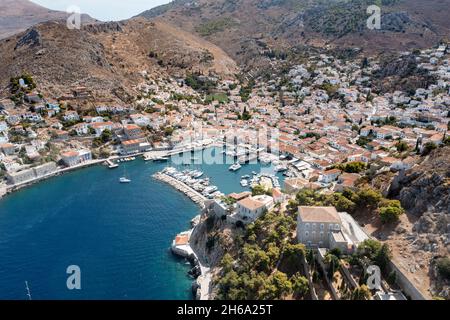 Hydra, or Ydra or Idra, is one of the Saronic Islands of Greece, located in the Aegean Sea. Stock Photo