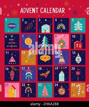 Christmas advent calendar,christmas elements. Stock Vector