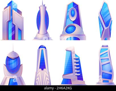 Cartoon futuristic city buildings and skyscrapers glass construction. Alien or future tower build, urban cyberpunk architecture vector set Stock Vector