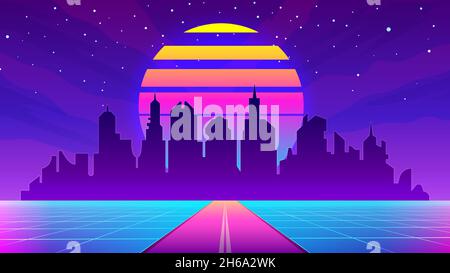 Retro 80s futuristic city landscape with sunset, grid and highway. Virtual reality cityscape in neon color. Cyber future urban vector scene Stock Vector