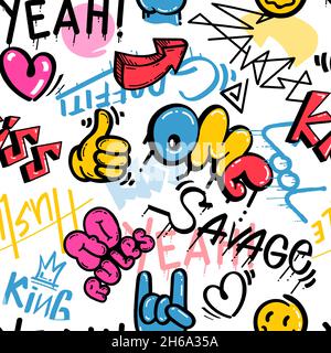 Abstract seamless pattern with street wall graffiti art. Teenager urban print with spray paint doodles and words. Cool hip hop vector design Stock Vector