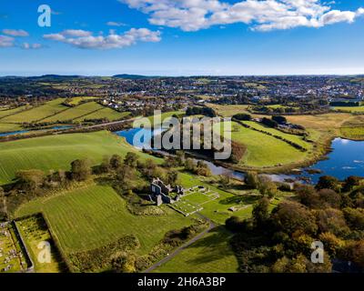 Inch Abbey and the river Quoile looking towards Downpatrick, County Down, Northern Ireland Stock Photo