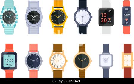 Flat modern, classic and luxury wrist watches with bracelet. Smart watch, accessory hand clock for men and women. Cartoon watches vector set Stock Vector