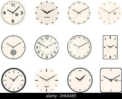 Classic and vintage clock and watch faces circle and rectangle designs. Analog clocks dial with roman numbers, hands and needle vector set Stock Vector