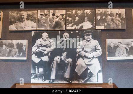 Historical photographs of Stalin with Churchill and Roosevelt on different occasions at the end of WW2 in Joseph Stalin museum in Gori,Georgia Stock Photo