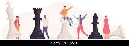 Tiny characters playing chess with big figures, strategy game. Flat people business planning, teamwork, tactic or competition vector concept Stock Vector
