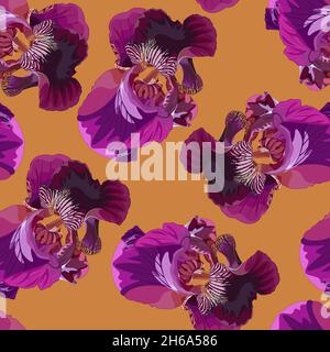 Seamless pattern with flowers of lilac iris on a yellow background Stock Vector