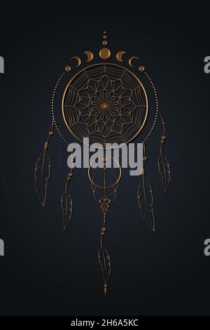 Detailed dreamcatcher with mandala ornament and Moon Phases. Gold Mystic symbol, Ethnic art with native American Indian boho design, vector isolated Stock Vector