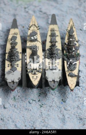 The lineup of miniature battleships consists of the enterprise carrier, the submarine, the battleship Musashi, the battleship Yamato, the main battles Stock Photo