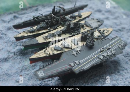 The lineup of miniature battleships consists of the enterprise carrier, the submarine, the battleship Musashi, the battleship Yamato, the main battles Stock Photo