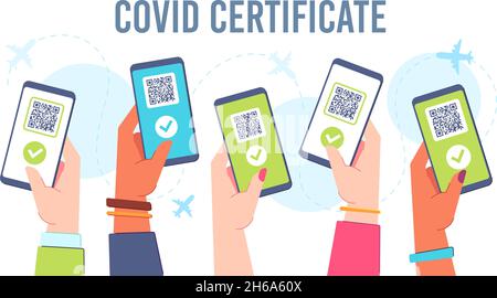 Hands with phone digital covid 19 certificate, vaccine green pass. Health vaccination online passport Stock Vector