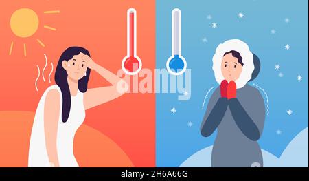 Hot and cold weather concept with thermometers and cartoon character in seasonal clothing. Woman sweating, freezing Stock Vector