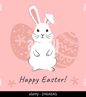 Easter bunny and Easter eggs on pink background. Happin Easter banner vector illustration Stock Vector