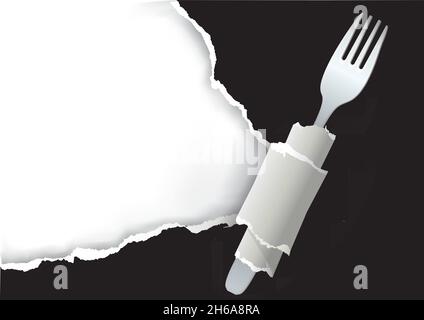 Food Menu, ripped paper background.  Illustration of black torn paper with fork. Place for your text or image.Vector available. Stock Vector