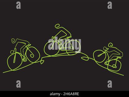 Green transport, cycling, line art stylized cartoon. Colorful Illustration of three cyclists on a hill. Isolated on black background. Vector available Stock Vector