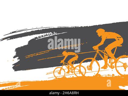Mountain bike cyclists, expressive banner background. Colorful backdrop with two cyclists on brush stroke. Banner template. Vector available. Stock Vector