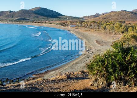 Quiet, attractive, sandy bay. Playa de Los Genoveses, near San José, Cabo de Gata, Almería, Spain Stock Photo