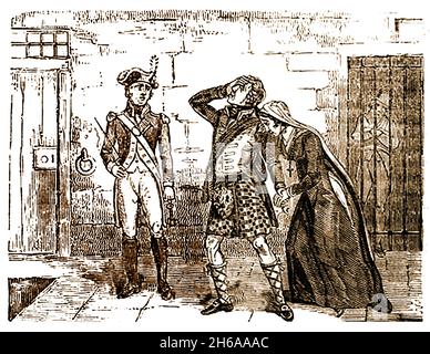 1824 woodcut - James Dowson (aka Jemmy Dawson) last meeting with his fiance before being executed for his part in a rebellion. Dowson or Dawson was one of a number of prisoners (including Francis Townley who were arrested for  joining a rebellion against the king of England in 1715 . James Dawson was said to be an educated Lancastrian  from a good family background. Stock Photo