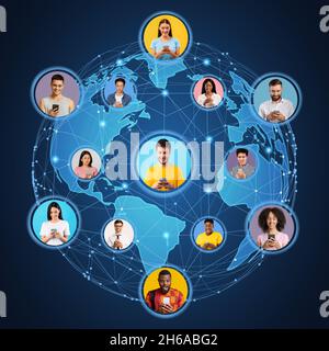 Global Network Concept. Diverse Multiethnic People Using Smartphones Layered Over Abstract World Globe, Creative Collage With Young Multiethnic Men An Stock Photo