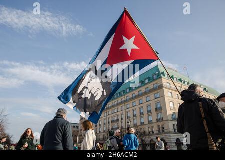 Berlin, Germany. 13th Nov, 2021. People gather at the 'Hands off Cuba' protest in Berlin, Germany, against the economic blockade and demanding the closure of Guantanamo US-Military Base in the island on November 13, 2021. (Photo by Michael Kuenne/PRESSCOV/Sipa USA) Credit: Sipa USA/Alamy Live News Stock Photo