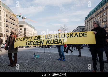 Berlin, Germany. 13th Nov, 2021. People gather at the 'Hands off Cuba' protest in Berlin, Germany, against the economic blockade and demanding the closure of Guantanamo US-Military Base in the island on November 13, 2021. (Photo by Michael Kuenne/PRESSCOV/Sipa USA) Credit: Sipa USA/Alamy Live News Stock Photo