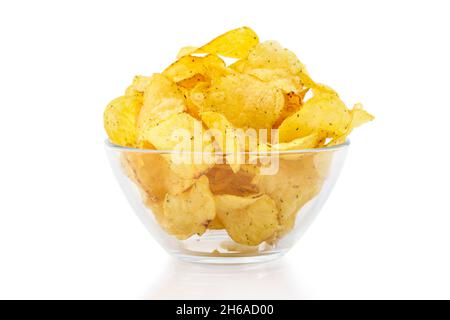 Potato chips in glass cup isolated on white Stock Photo