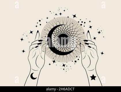 Mystical Woman Hands holding crescent moon and sun in boho style. Spiritual occultism mystic wicca sign. Vector illustration isolated on vintage Stock Vector