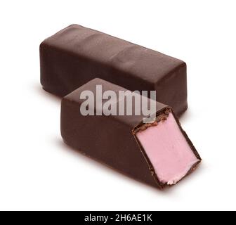 Chocolate candies with strawberry souffle isolated on white Stock Photo